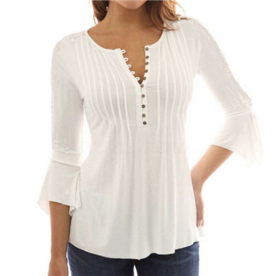 Women Blouse Autumn Casual Tops Solid Pleated Blouses - TK Depot