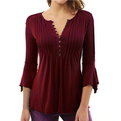 Women Blouse Autumn Casual Tops Solid Pleated Blouses - TK Depot