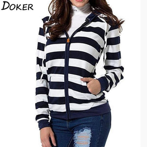 Autumn Women Striped Hoodies Sweatshirt Long Sleeve Hooded Zipper Pockets Jackets Casual Plus Size Tracksuit Womens Clothes - TK Depot