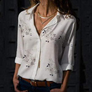 Women Tops Elegant Long& Short Sleeve Print V-Neck Chiffon Blouse - TK Depot