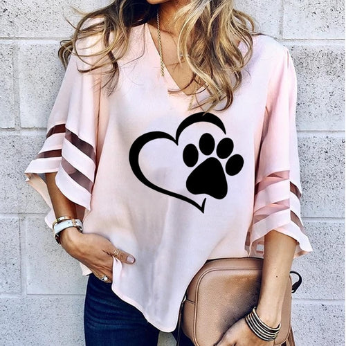 Fashion Dog Paw Print Women Sexy V-neck Splicing Hollow T-Shirt - TK Depot