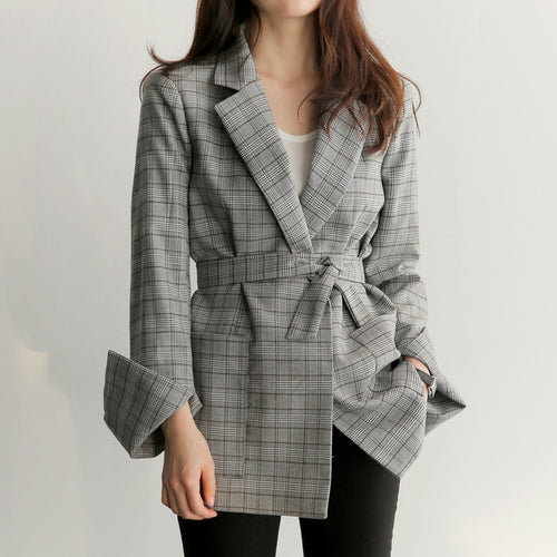 Spring Autumn Women Gray Plaid Office Lady Blazer - TK Depot